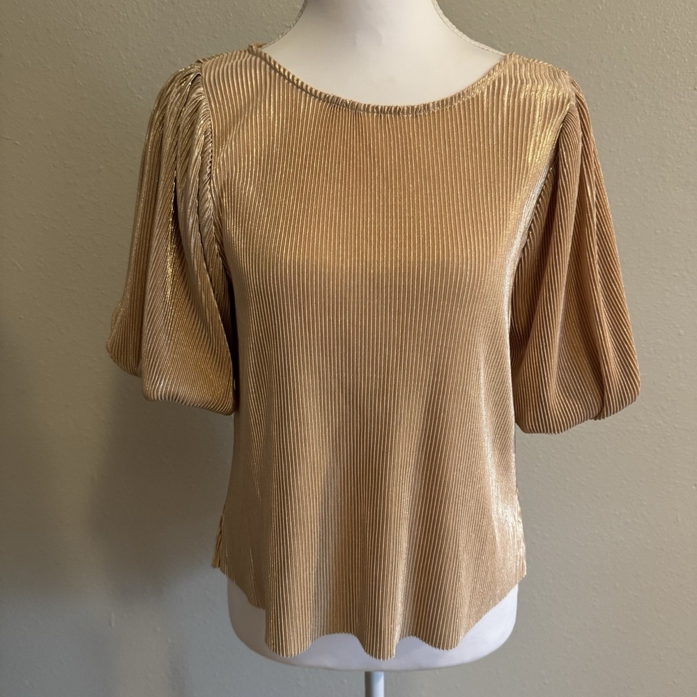 Code x Mode Rose Gold‎ Plissé Pleated Metallic Puff Sleeve Blouse Mob Wife S